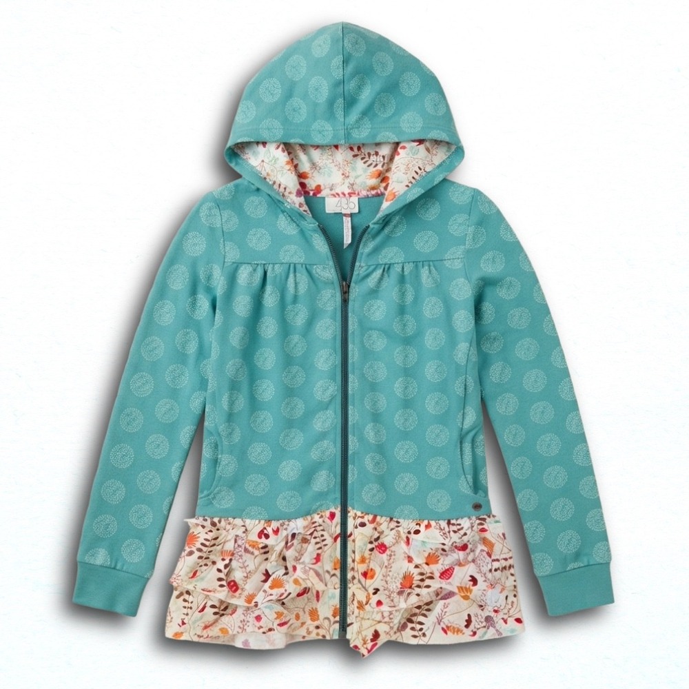 Matilda Jane 435 Girls Teal Blue Dotted Ruffle Floral Zip Up Hoodie Size 12